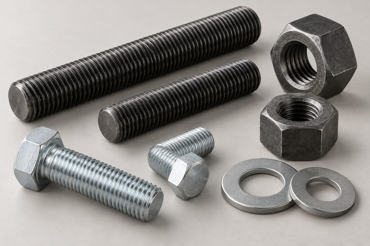 Illustrative stud bolts, hex bolts, nuts and washers