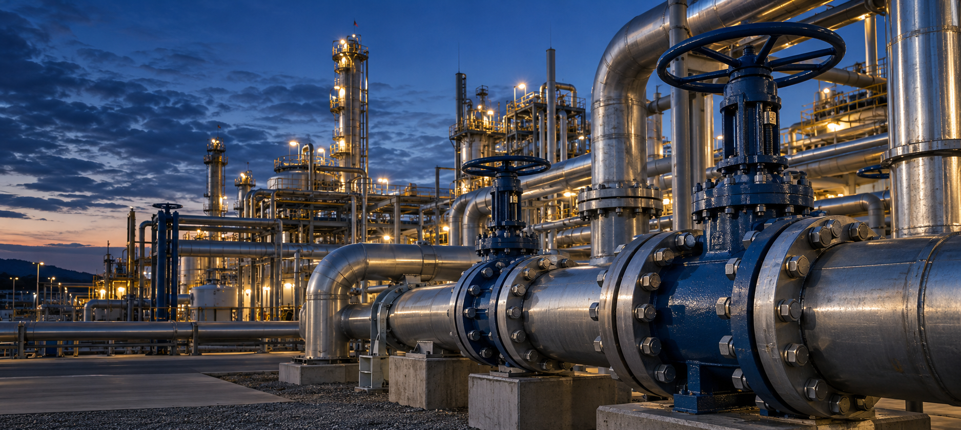 Illustrative industrial facility with steel pipelines and blue valves